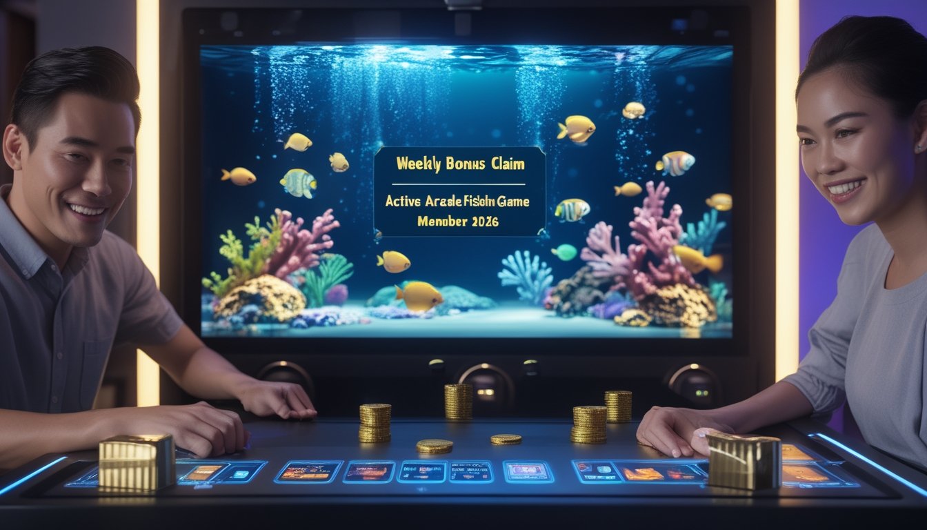 Seorang pemain dewasa menikmati permainan memancing virtual dengan koin emas dan efek hadiah di ruang hiburan modern.