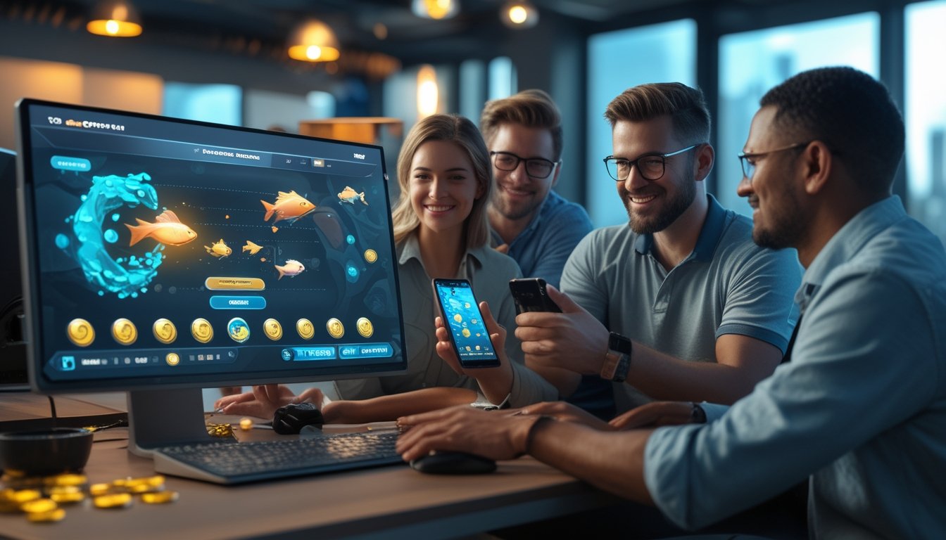Sekelompok orang dewasa meninjau permainan tembak ikan digital dengan elemen bonus mingguan di layar.