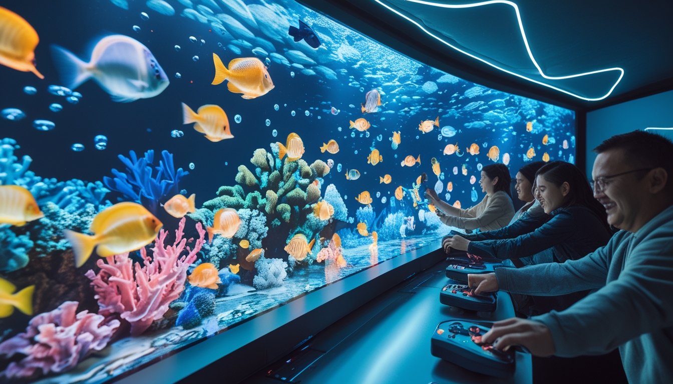 Pemain dewasa menikmati permainan menembak ikan interaktif di pusat hiburan modern dengan layar akuarium bercahaya.