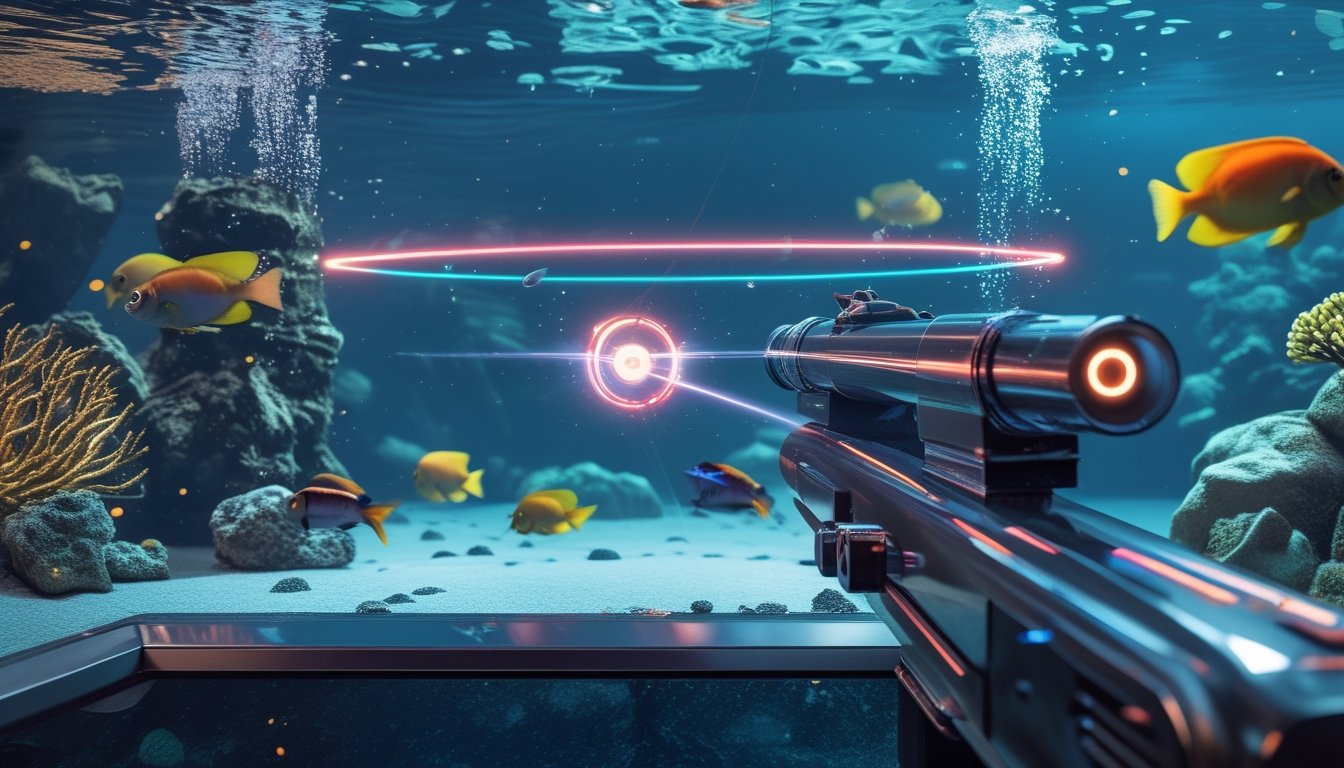Permainan tembak ikan bawah laut dengan meriam, sasaran otomatis, dan sinar laser berwarna-warni.