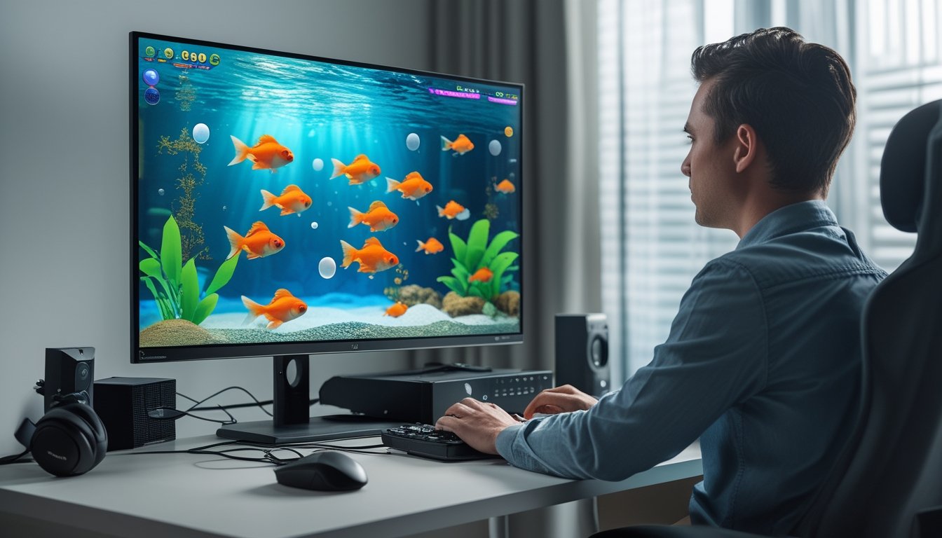 Seseorang memainkan permainan bertema ikan mas di depan monitor dengan latar akuarium digital.