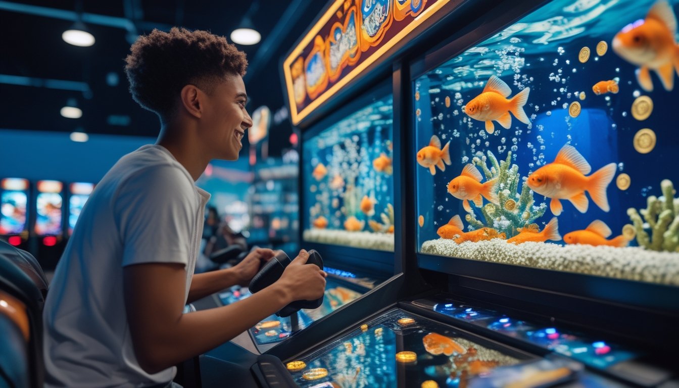 Seorang pemain menikmati permainan tembak ikan bertema ikan mas di dalam arena permainan modern.