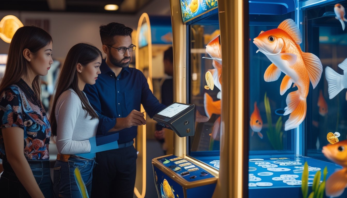Orang dewasa mengamati mesin permainan bertema ikan mas di tempat hiburan modern dengan terminal pembayaran digital.