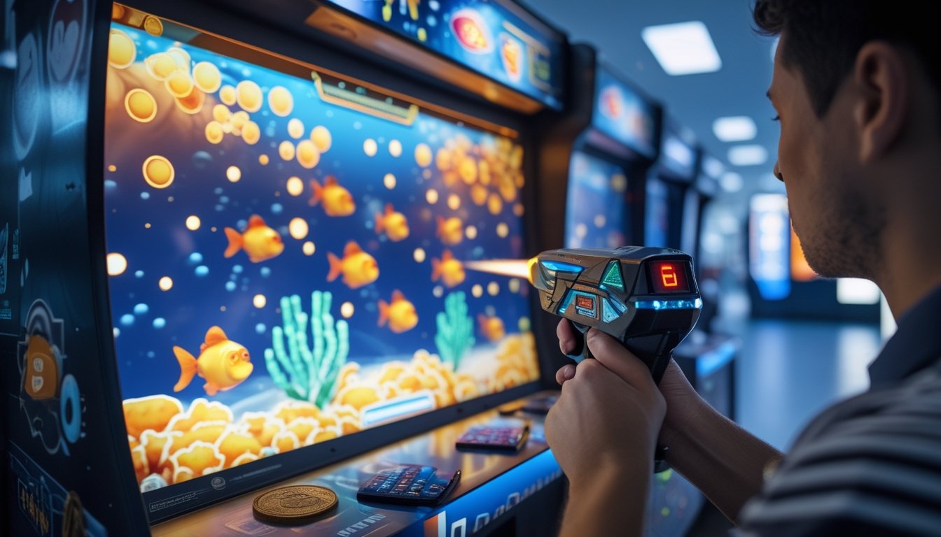 Pemain membidik layar permainan arcade bertema ikan mas dengan elemen penghitung poin di meja.