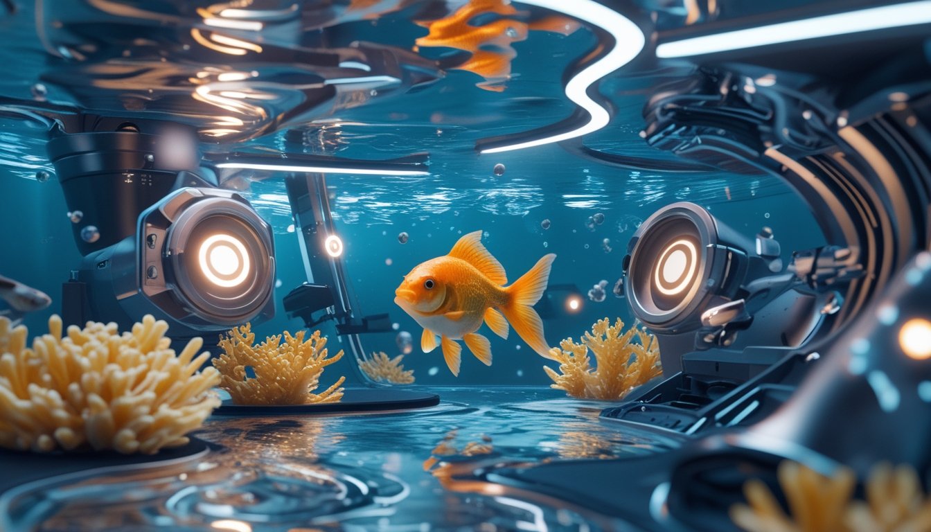 Ikan mas berenang di akuarium biru dengan perangkat energi futuristis dan efek sasaran bercahaya di sekelilingnya.