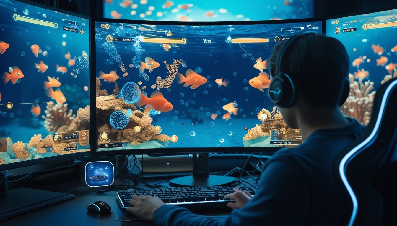 Seorang pemain mengamati permainan menembak ikan bawah laut dengan berbagai senjata virtual di monitor.