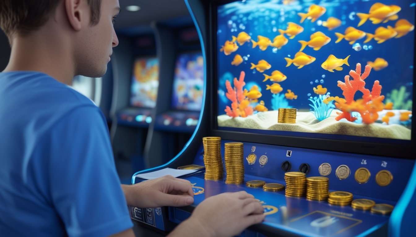 Seorang pemain mengatur tumpukan koin di depan permainan arcade tembak ikan dengan latar bawah laut berisi ikan mas.