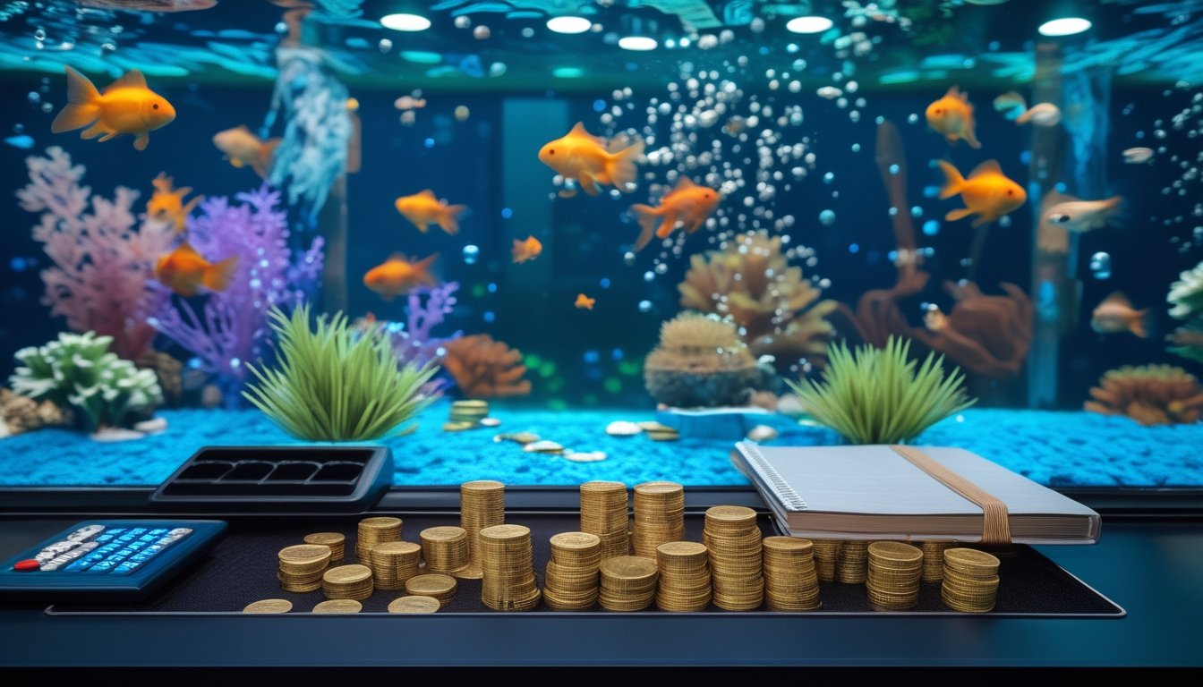 Pemain mengatur kelompok koin di depan permainan arcade bertema ikan dengan kalkulator dan catatan di sampingnya.