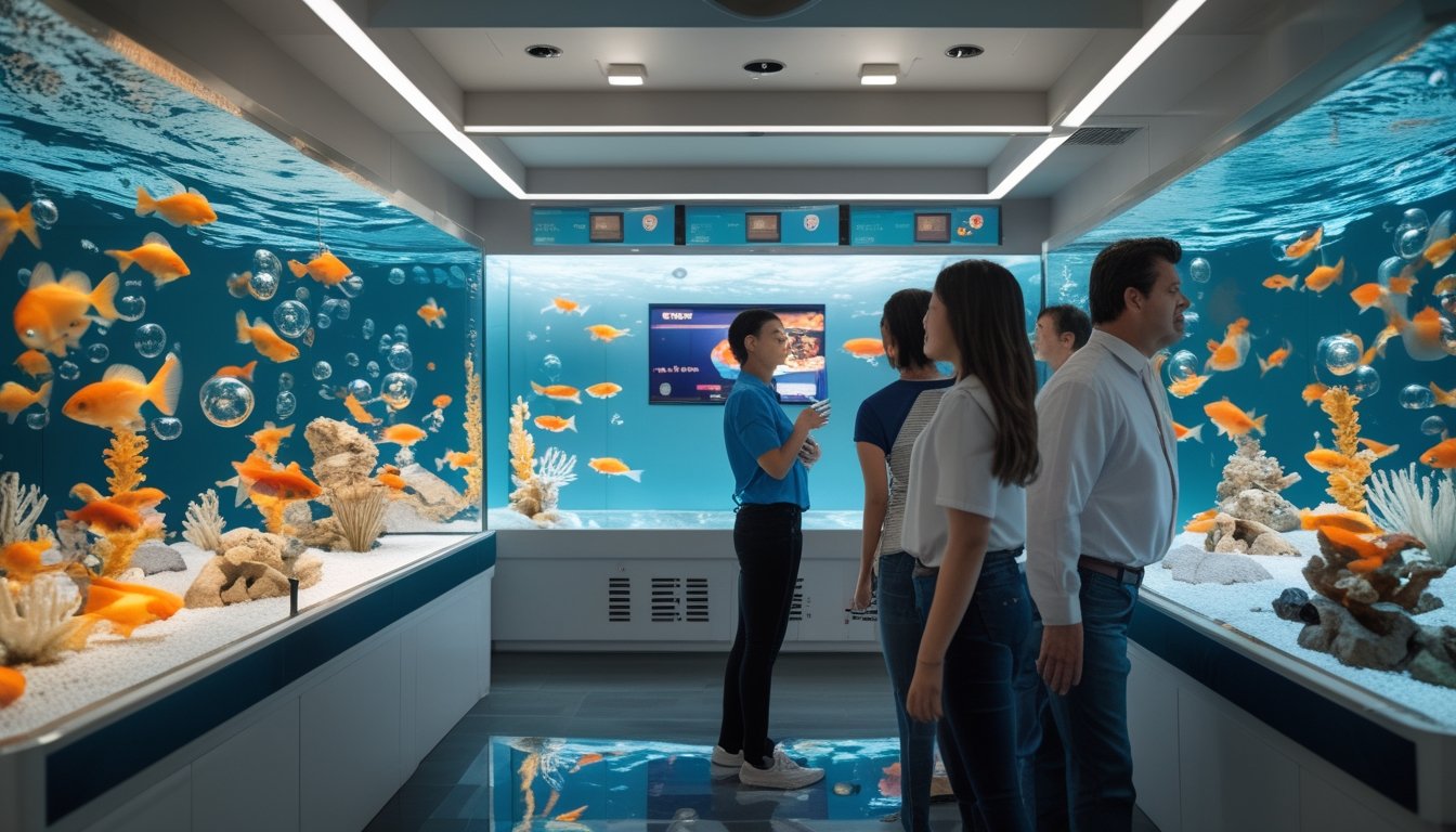 Pemain dewasa menikmati permainan arcade bertema ikan mas di ruang hiburan modern dengan pendamping profesional.