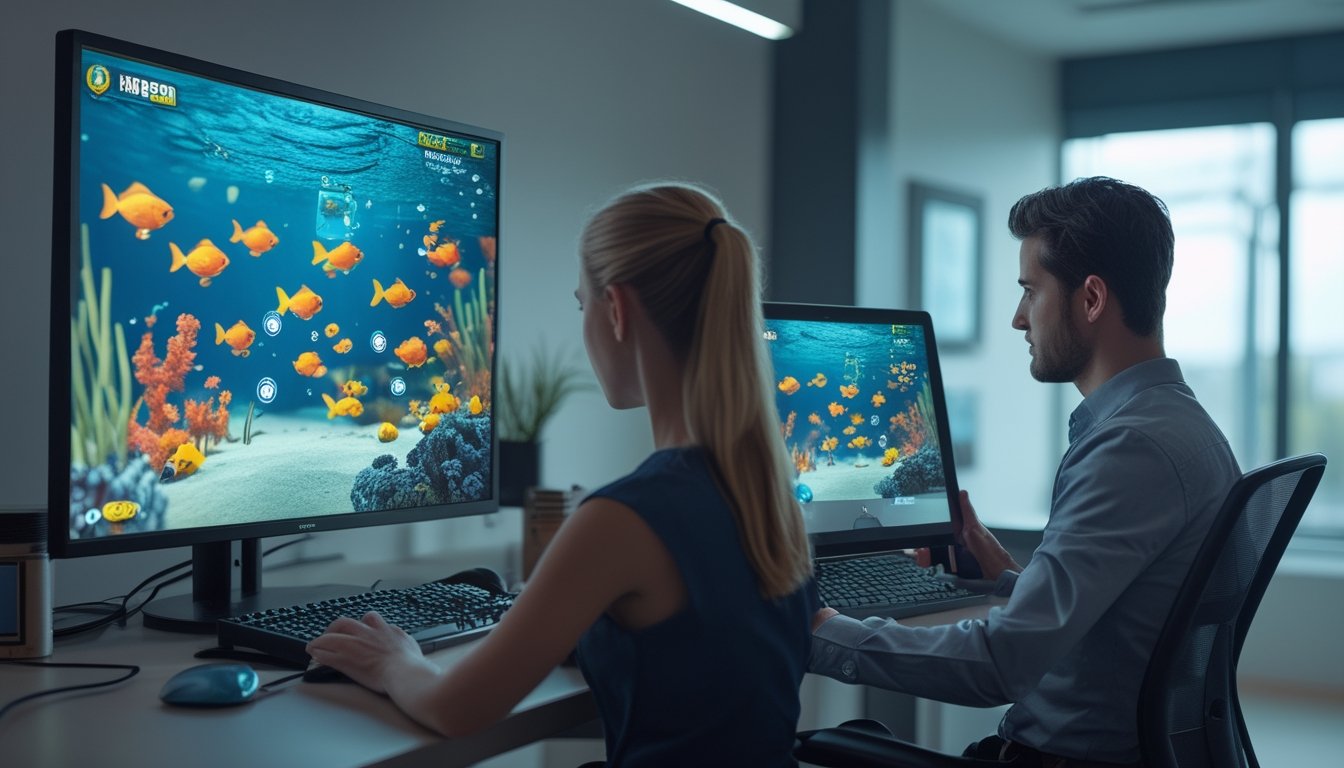Seorang pemain dan analis menilai permainan tembak ikan bertema bawah laut melalui monitor dan tablet.