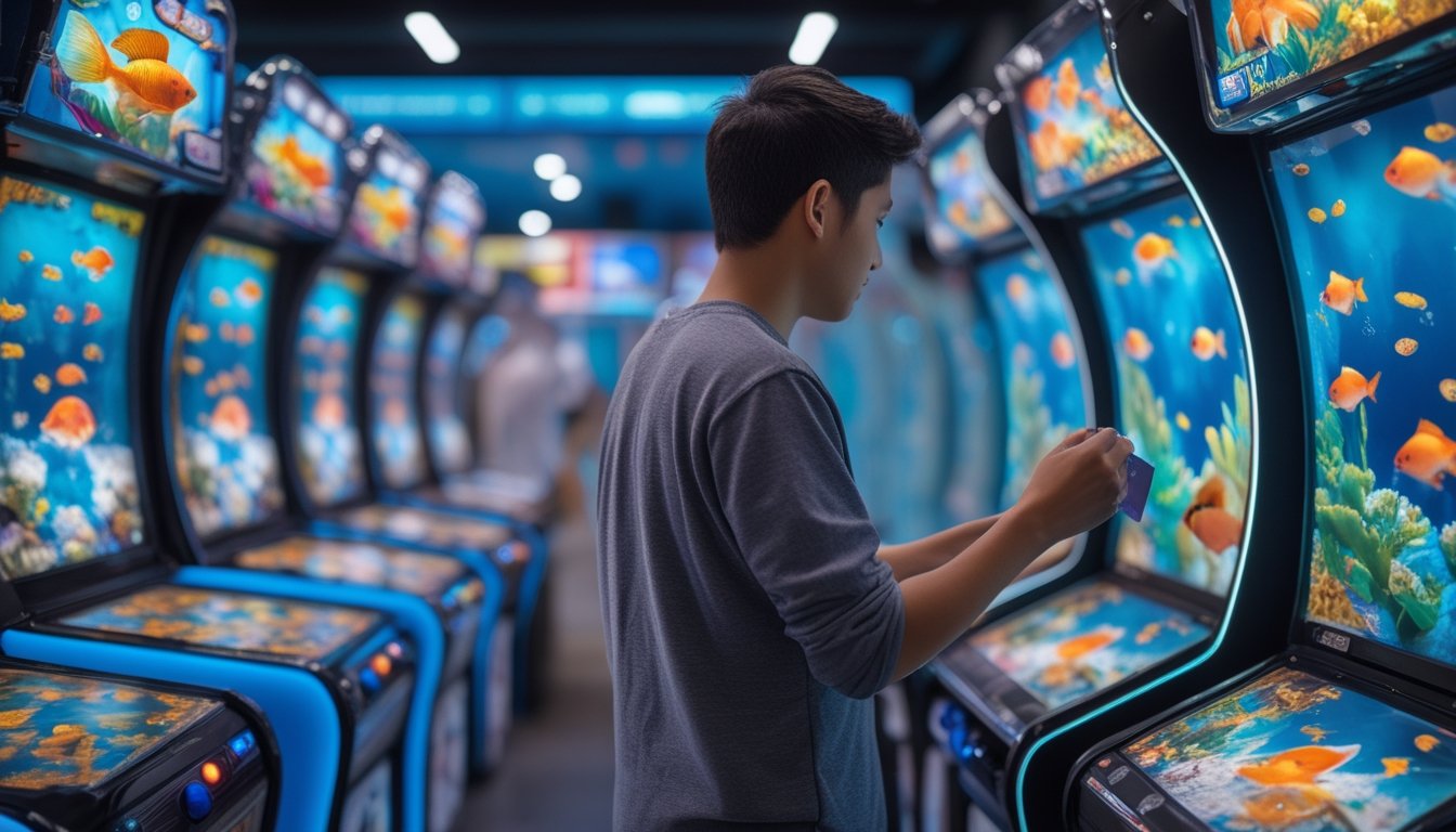 Seorang pemain membandingkan beberapa mesin permainan tembak ikan di arena permainan modern.