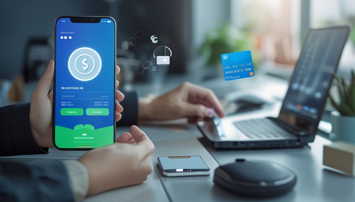 Seseorang menggunakan ponsel untuk melakukan transaksi deposit digital dengan aman di meja kerja.