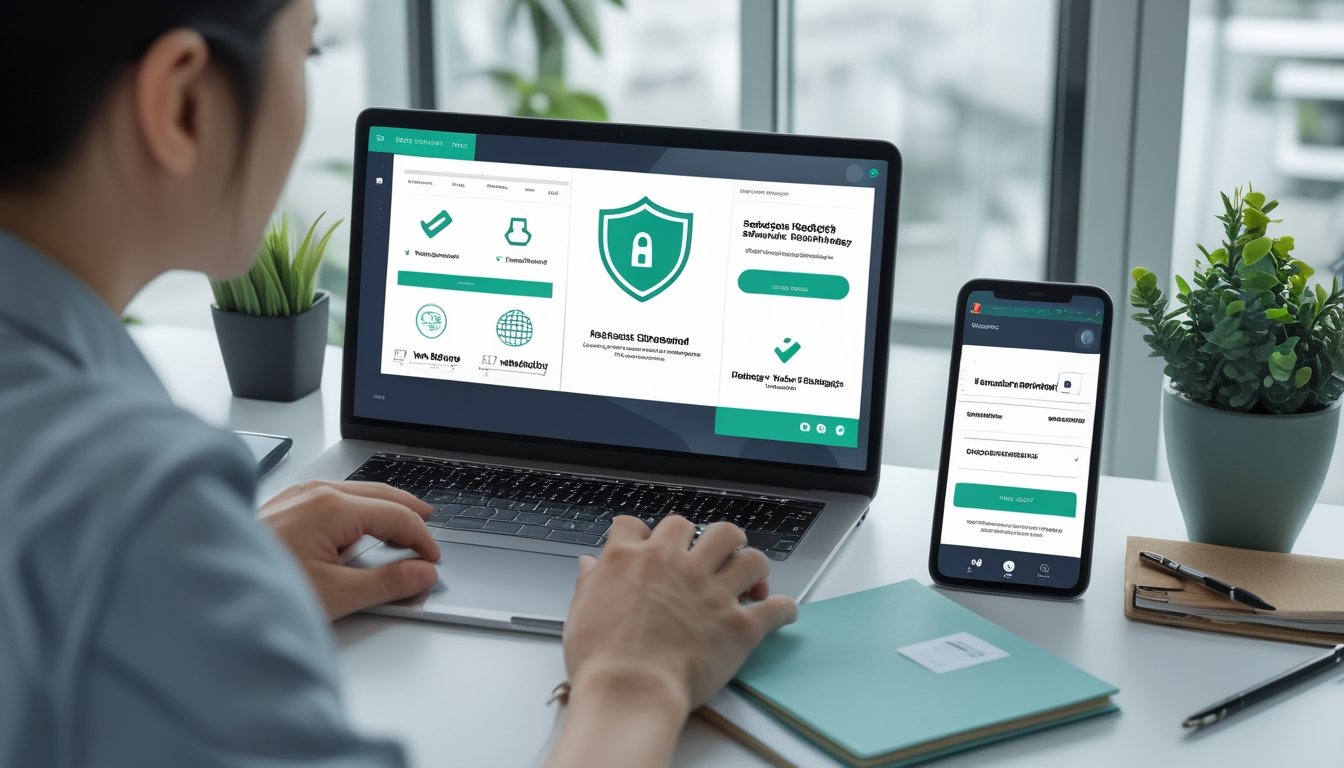 Seseorang memeriksa keamanan pembayaran digital melalui laptop dan ponsel di meja kerja.