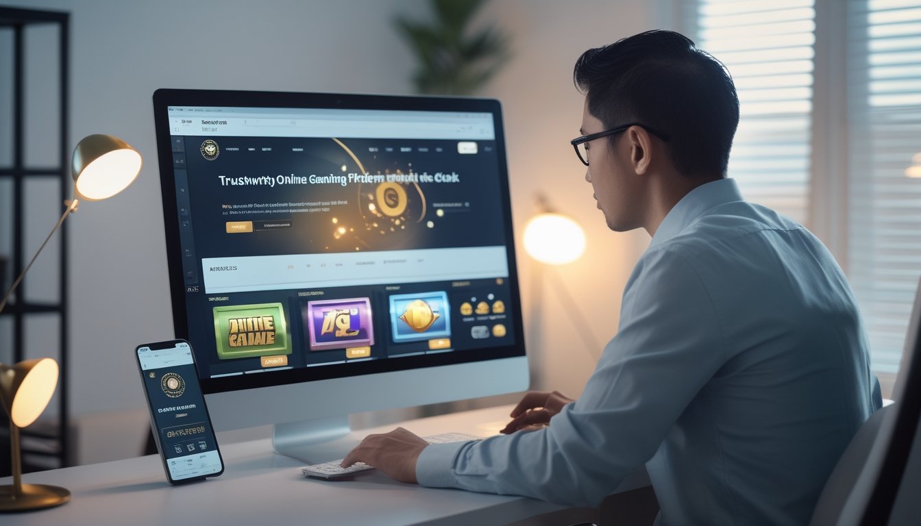 Seseorang meninjau situs permainan daring melalui laptop di ruang kerja modern.