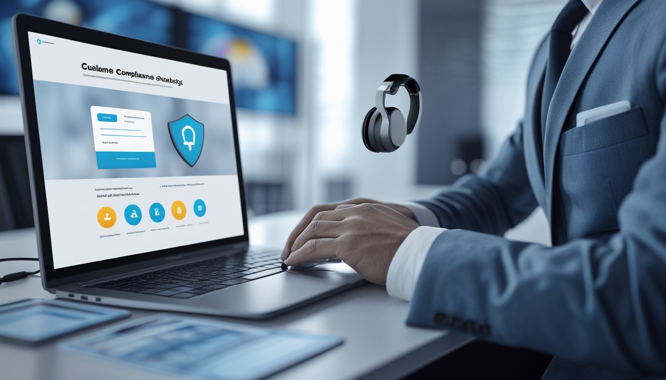 Analis memeriksa keamanan dan kredibilitas platform digital di meja kerja dengan laptop, simbol perisai, gembok, dan daftar verifikasi.