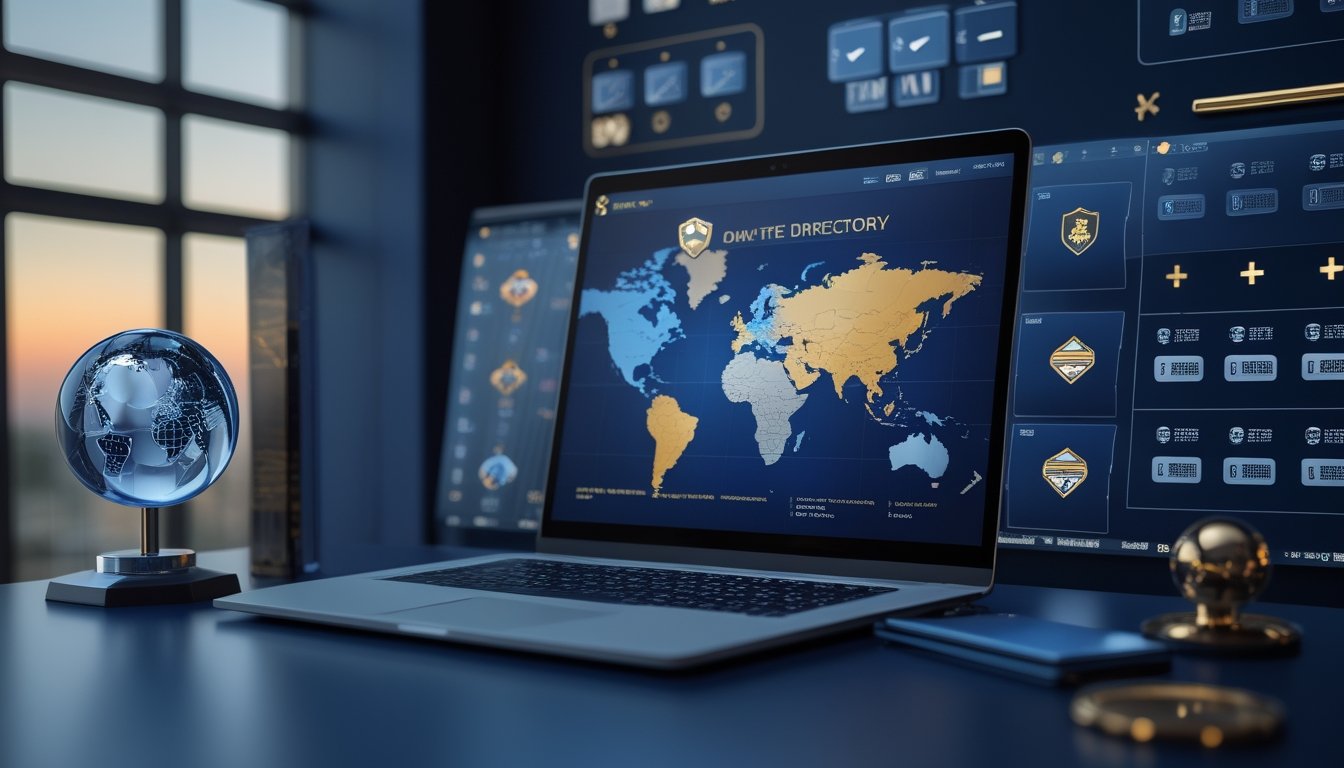 Laptop menampilkan antarmuka digital abstrak dengan simbol keamanan dan globe di ruang kerja modern.
