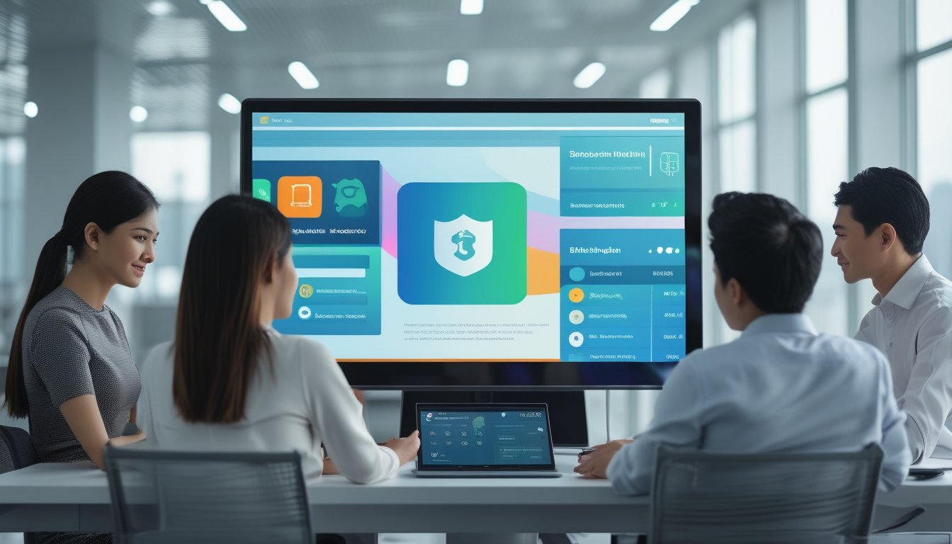 Sekelompok orang dewasa meninjau platform digital yang aman di laptop dan ponsel dalam ruang kerja modern.