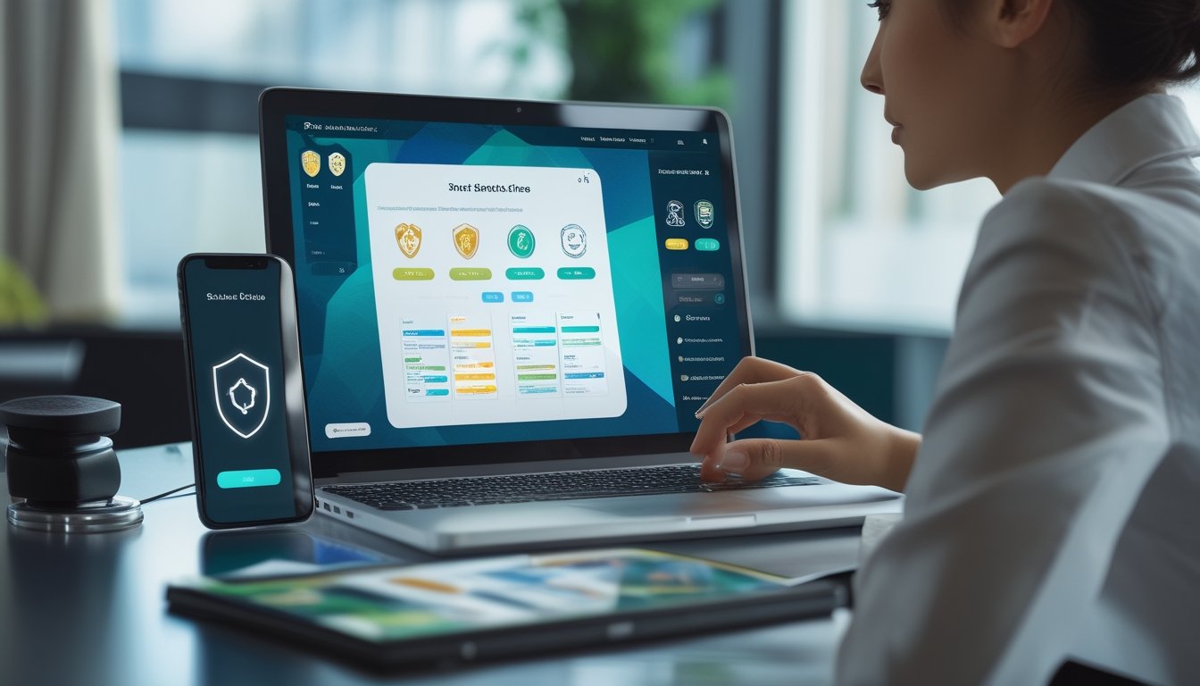 Seseorang meninjau platform digital pada laptop dan ponsel di ruang kerja modern dengan simbol keamanan.