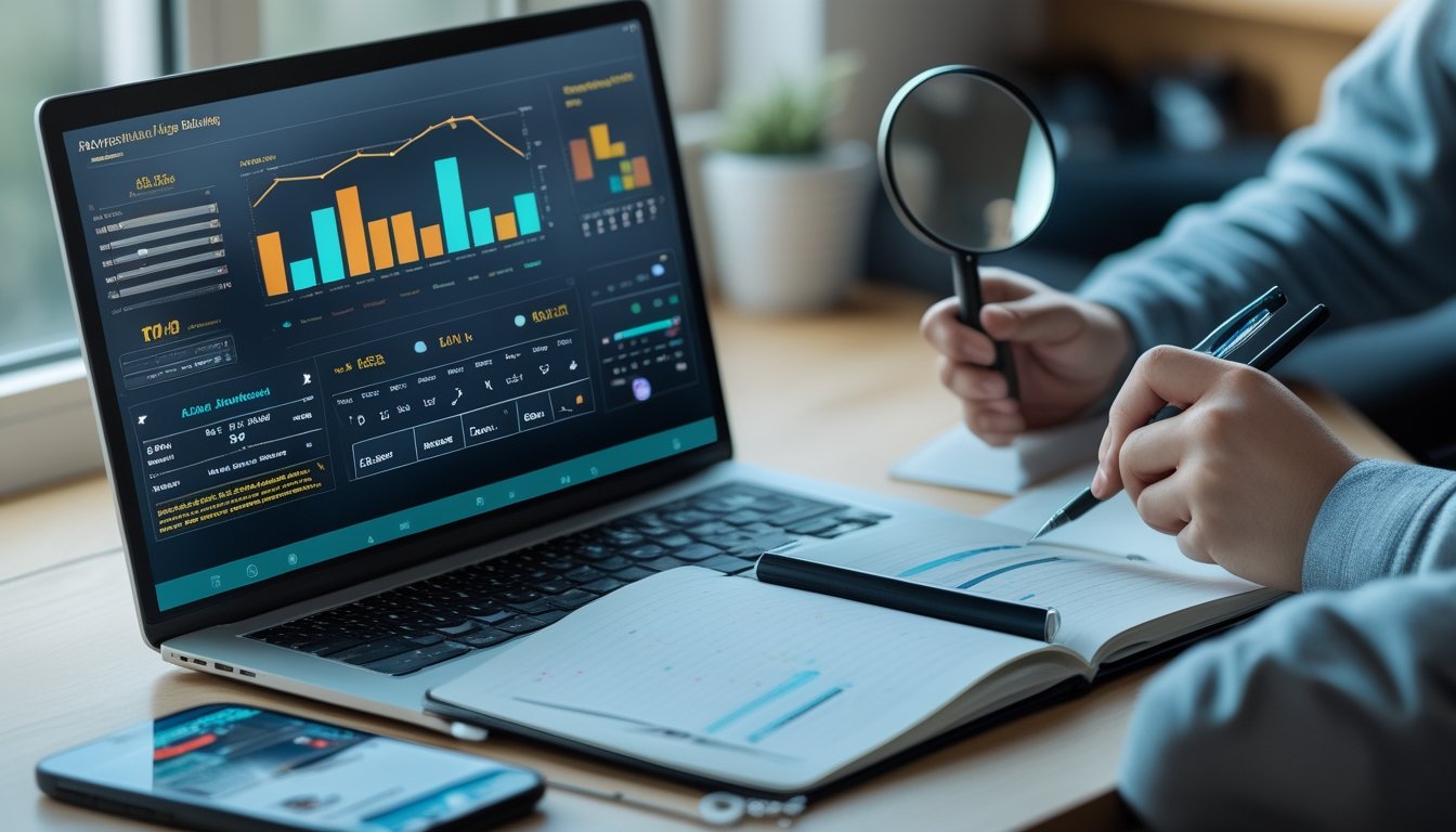 Seseorang memeriksa grafik analitik pada laptop dan ponsel di meja kerja.
