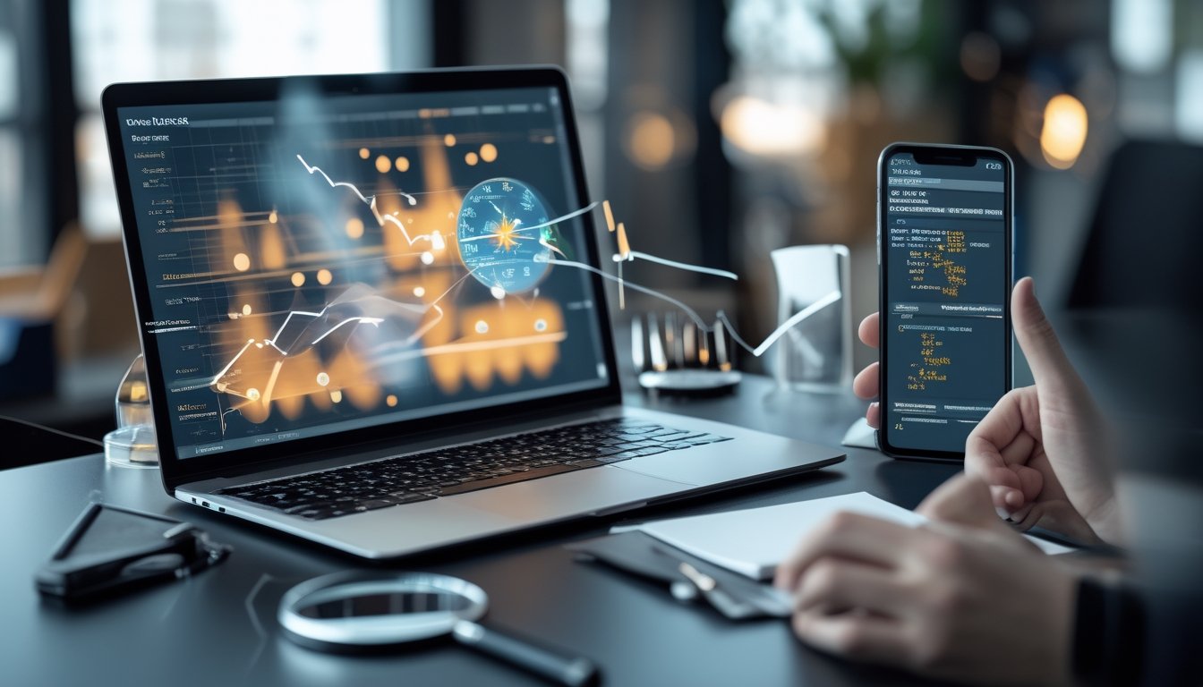 Meja analis dengan laptop berisi grafik buram, kaca pembesar, kalkulator, dan catatan kosong.