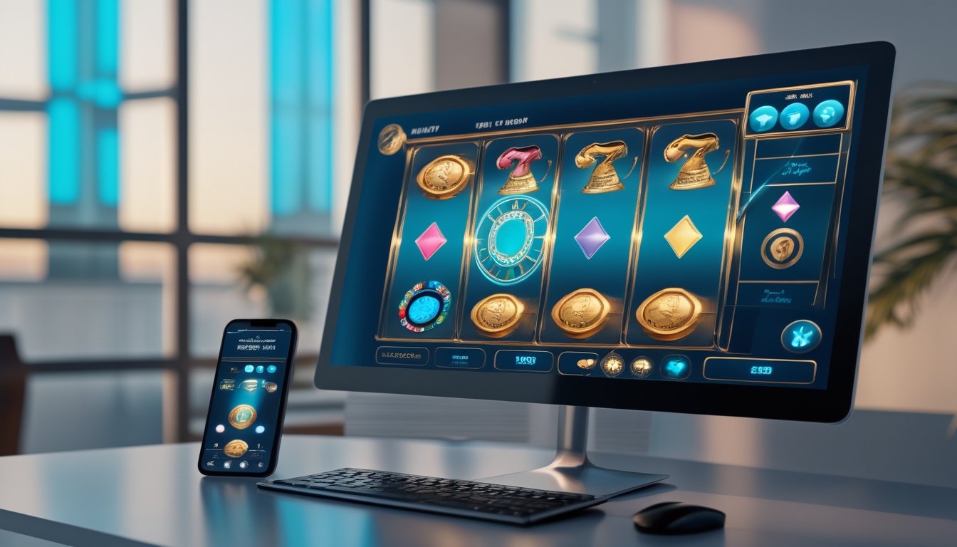 Perangkat komputer dan ponsel menampilkan permainan slot digital dengan elemen bonus putaran dan koin emas.