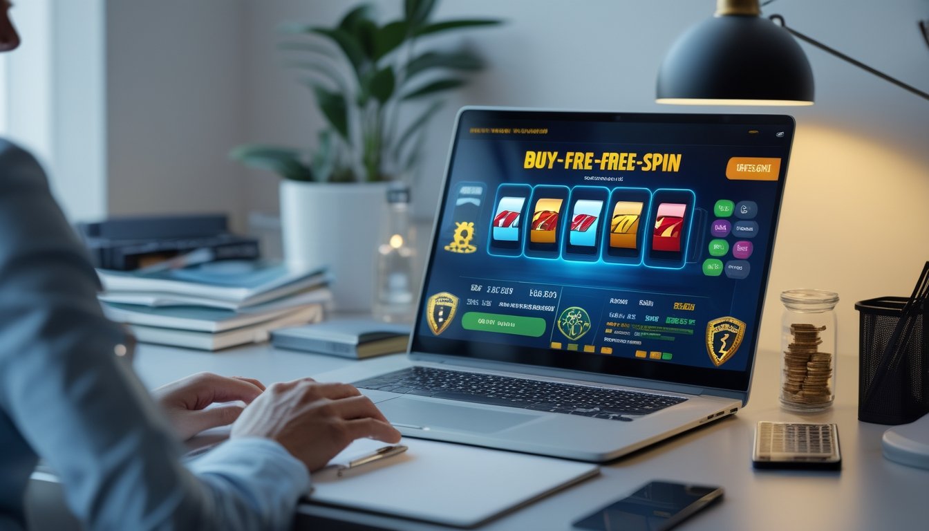Seorang analis meninjau antarmuka permainan slot online pada laptop dengan simbol keamanan dan grafik analisis di meja kerja modern.