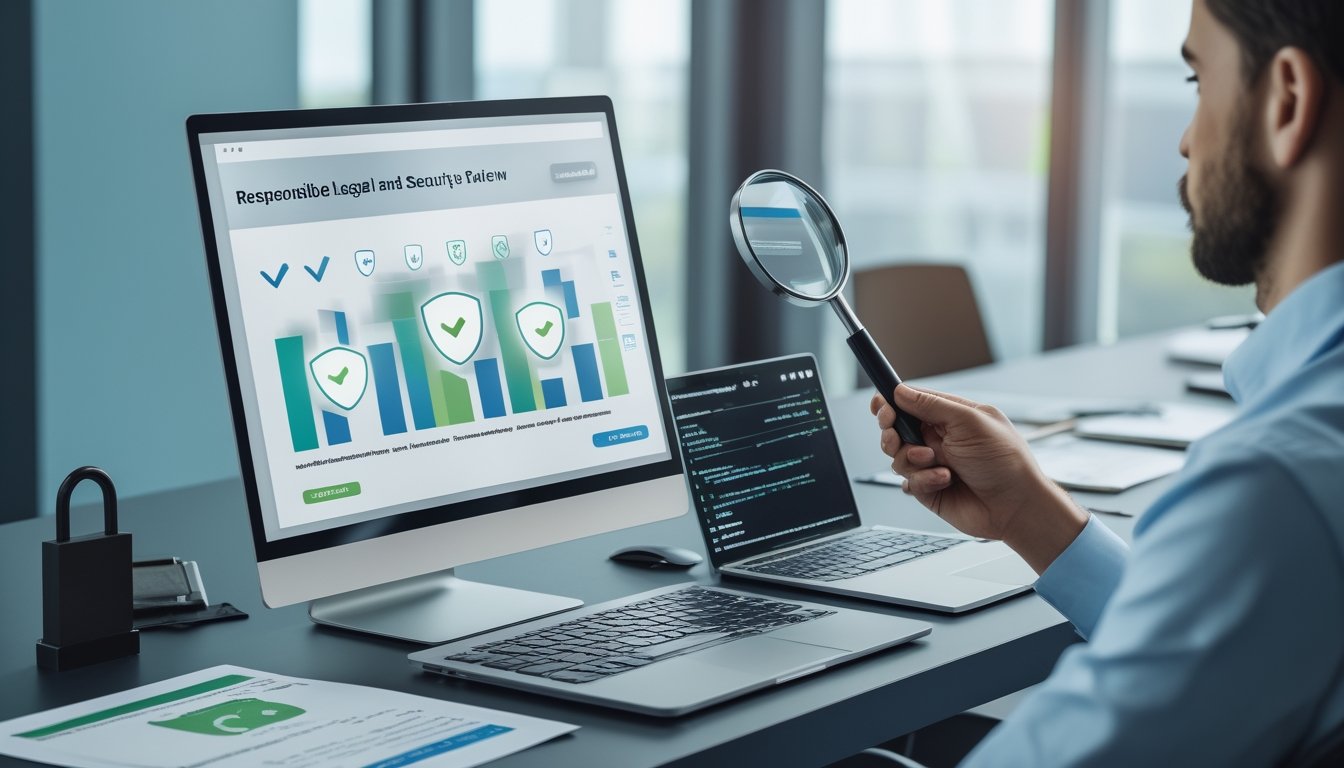 Seorang analis memeriksa keamanan dan legalitas platform taruhan online menggunakan laptop, dokumen, dan simbol perlindungan data.