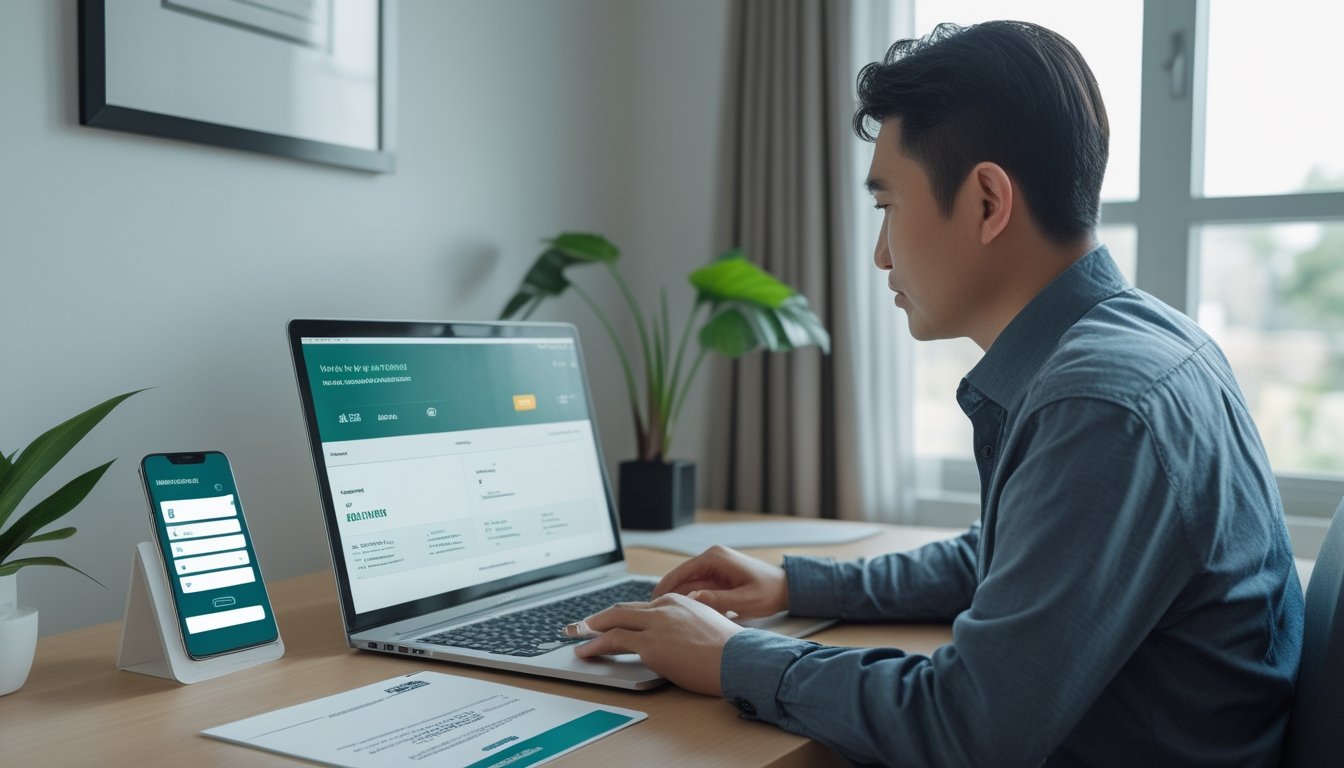 Seseorang menyiapkan proses penarikan dana di meja kerja dengan laptop, ponsel, dokumen identitas, kartu bank, dan catatan kosong.