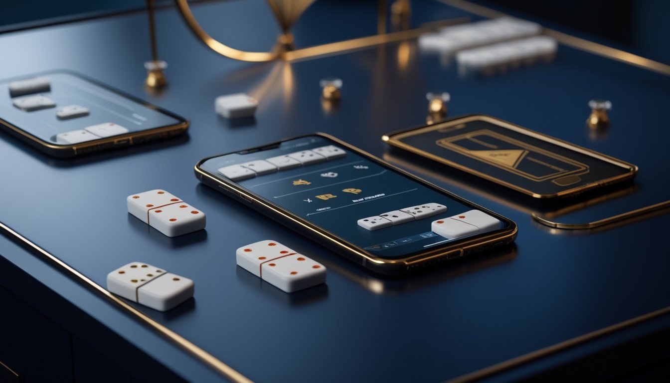 Perangkat digital menampilkan permainan domino dengan keping domino di atas meja elegan.