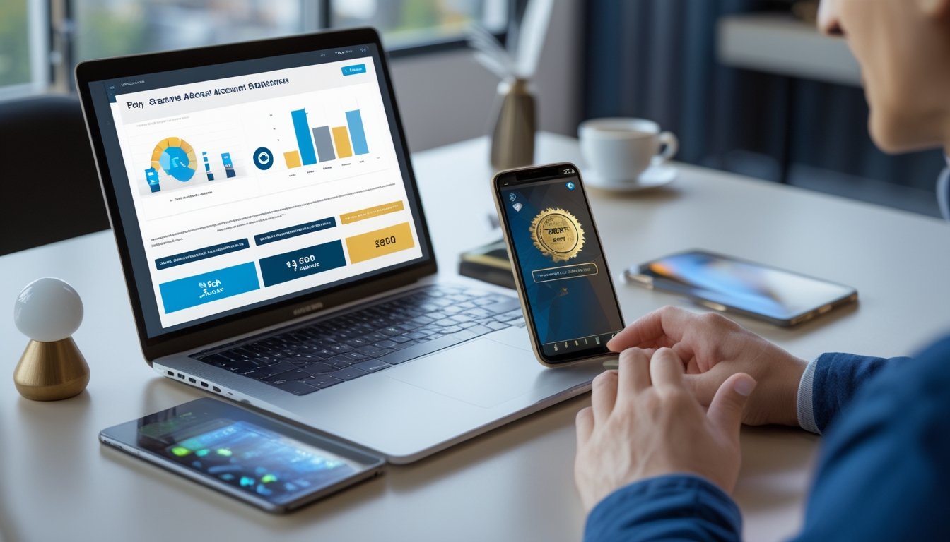 Seseorang meninjau status akun VIP digital pada laptop dan ponsel di meja kerja.