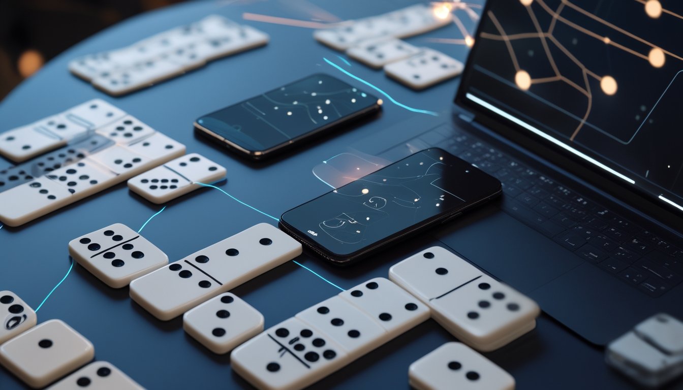 Domino tersusun di samping ponsel dan laptop dalam suasana modern.