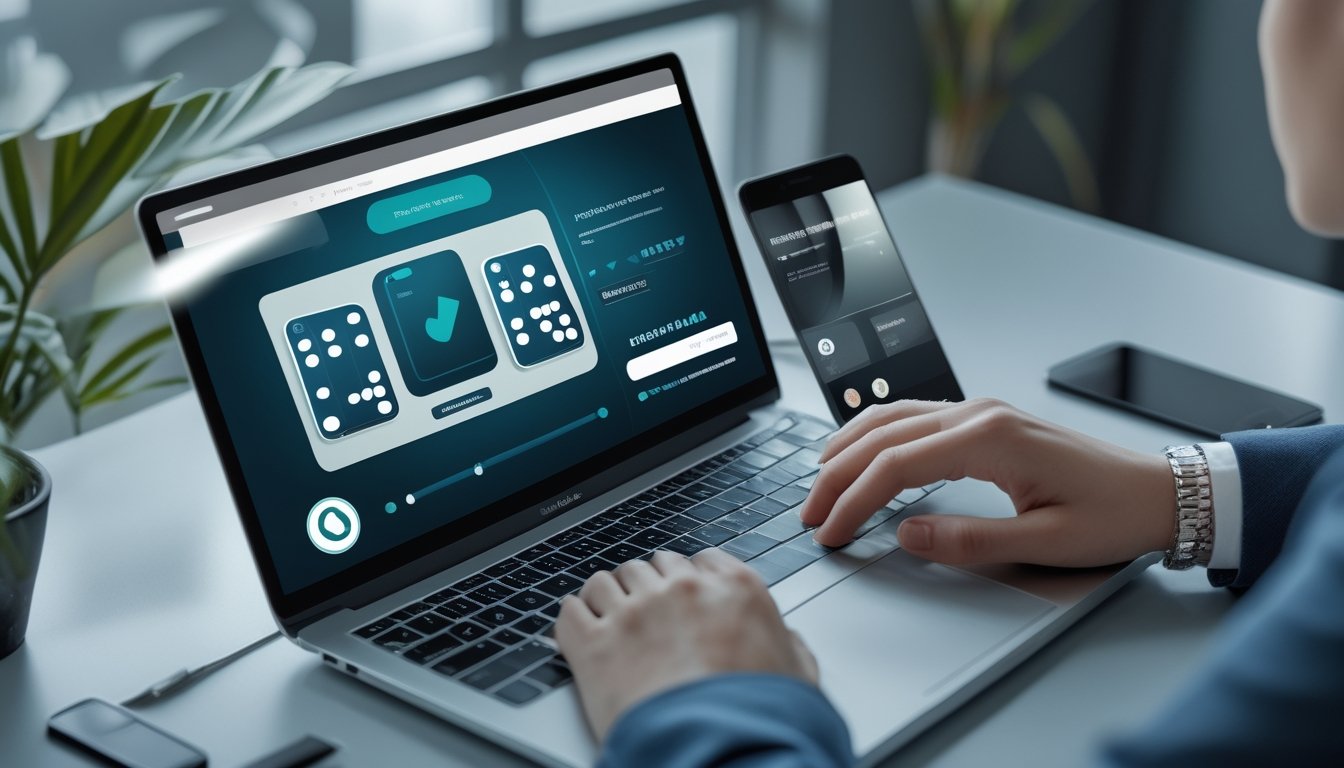 Laptop dan ponsel menampilkan antarmuka permainan domino dengan simbol pemeriksaan keamanan di meja kerja modern.