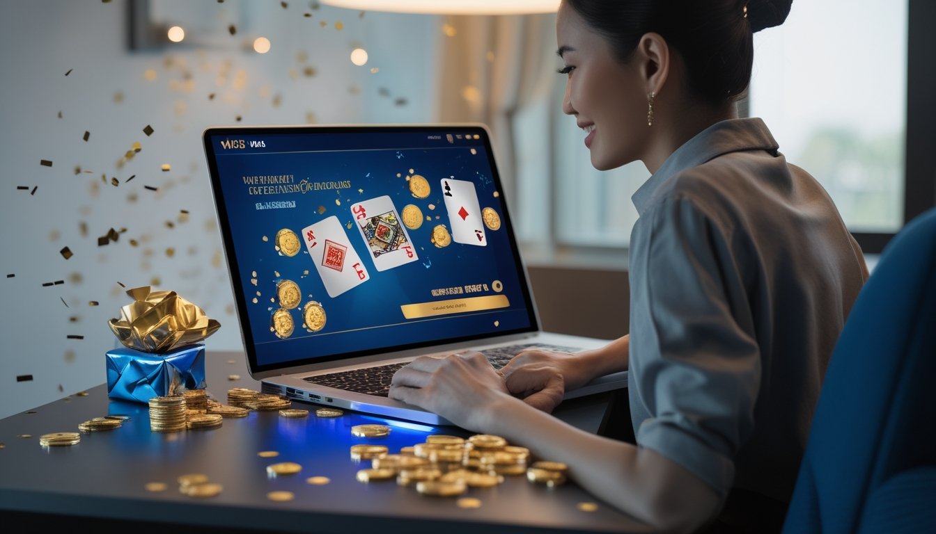 Orang dewasa bermain permainan kartu digital di laptop dengan hiasan hadiah dan konfeti di meja.