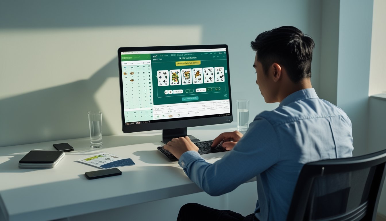 Seorang pemain duduk tenang di meja dan meninjau permainan kartu digital dengan suasana kerja yang rapi.