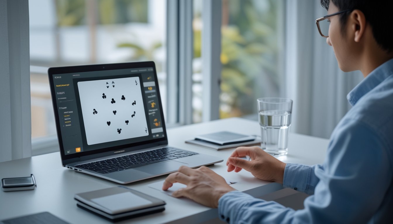 Seseorang dengan tenang mempertimbangkan langkah dalam permainan kartu online di meja kerja yang rapi.