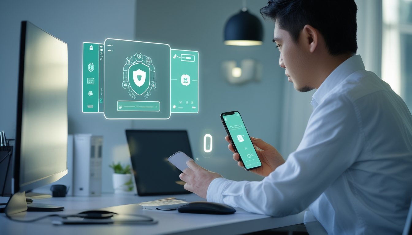 Seseorang menggunakan ponsel dan laptop di ruang kerja modern dengan simbol keamanan dan pembayaran digital.