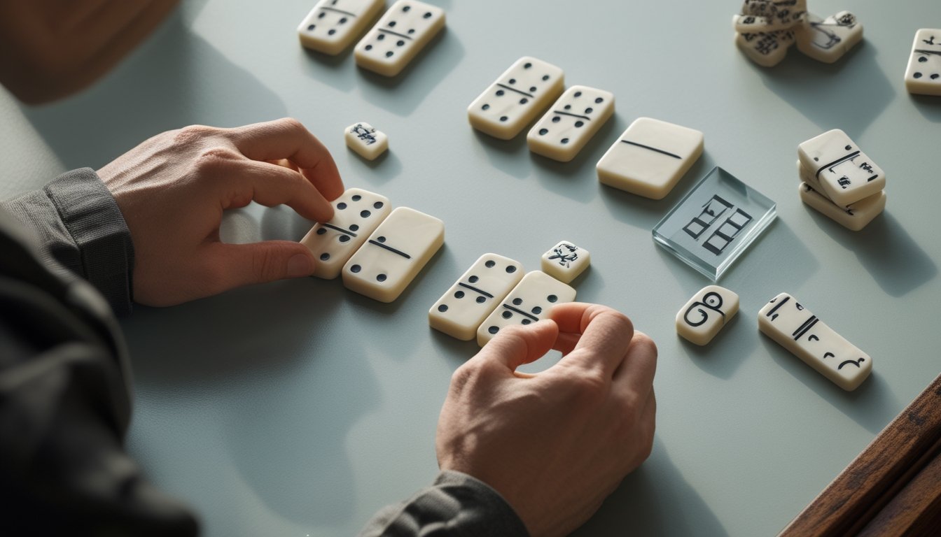 Tangan seseorang menyusun kartu domino di atas meja, dengan domino bernilai enam dan beberapa benda untuk menganalisis peluang.