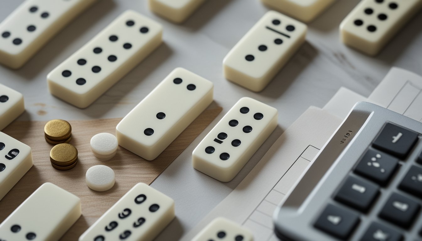 Susunan kartu domino Ceme di atas meja dengan satu pasangan kartu bernilai enam ditonjolkan.