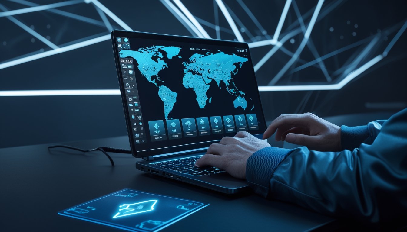 Laptop menampilkan permainan kartu digital dengan koneksi jaringan global bercahaya di latar belakang.