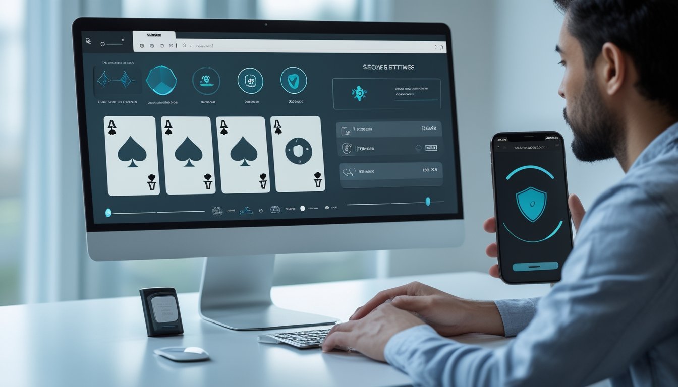 Seseorang meninjau antarmuka permainan kartu digital pada komputer dan ponsel di meja modern.
