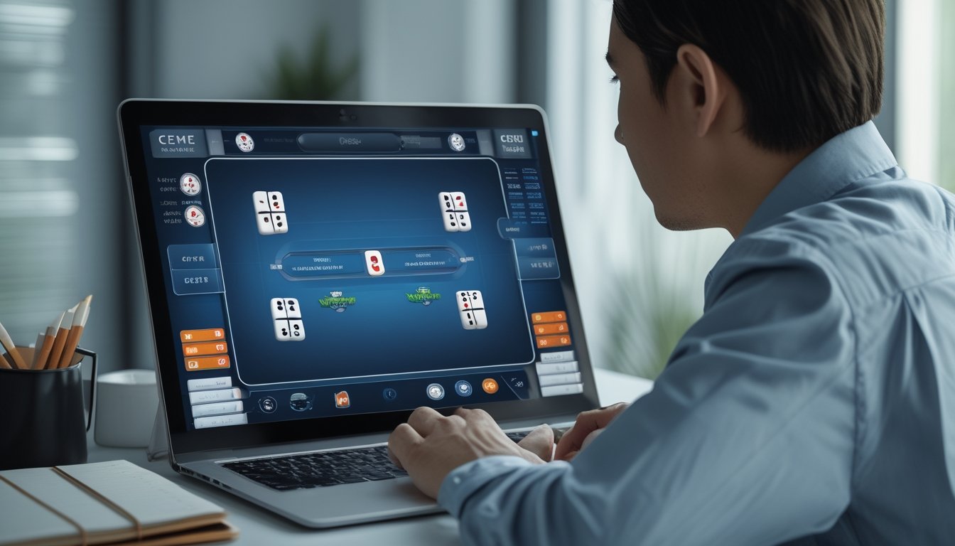 Seseorang mempelajari permainan Ceme Super 6 melalui perangkat digital dengan ubin permainan dan chip di atas meja.