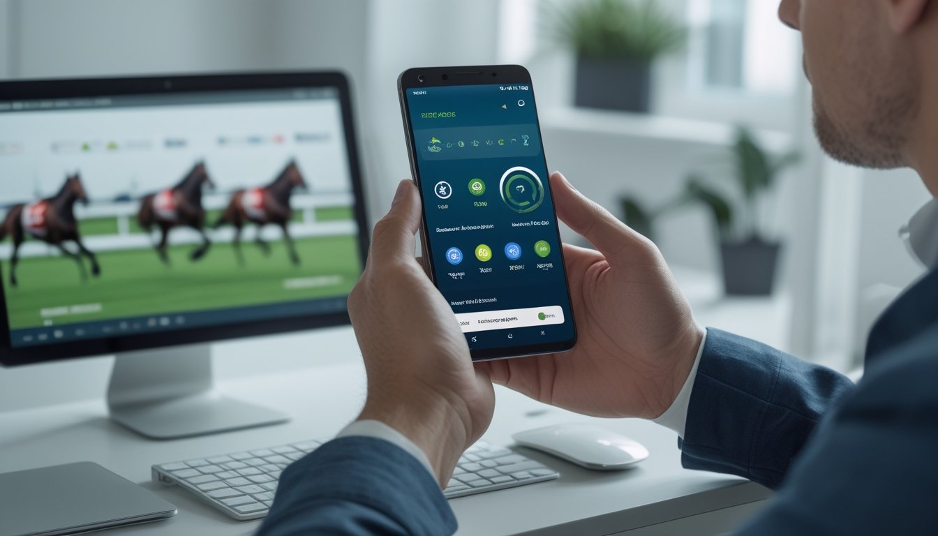 Orang dewasa mempelajari informasi balap kuda melalui ponsel Android di meja kerja, dengan lintasan balap kuda terlihat samar di latar belakang.