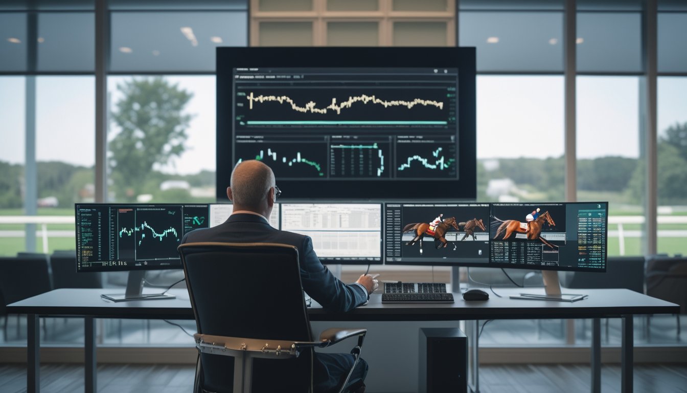 Seorang analis profesional mempelajari data balap kuda di depan beberapa monitor, dengan kuda berlari di lintasan.