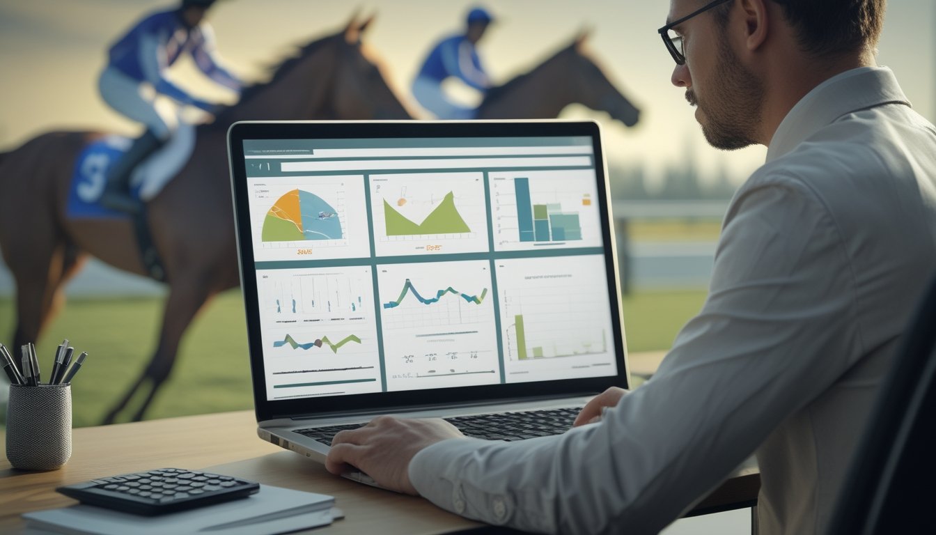 Seorang profesional menganalisis data balap kuda dan indikator risiko di laptop dalam suasana kantor modern.