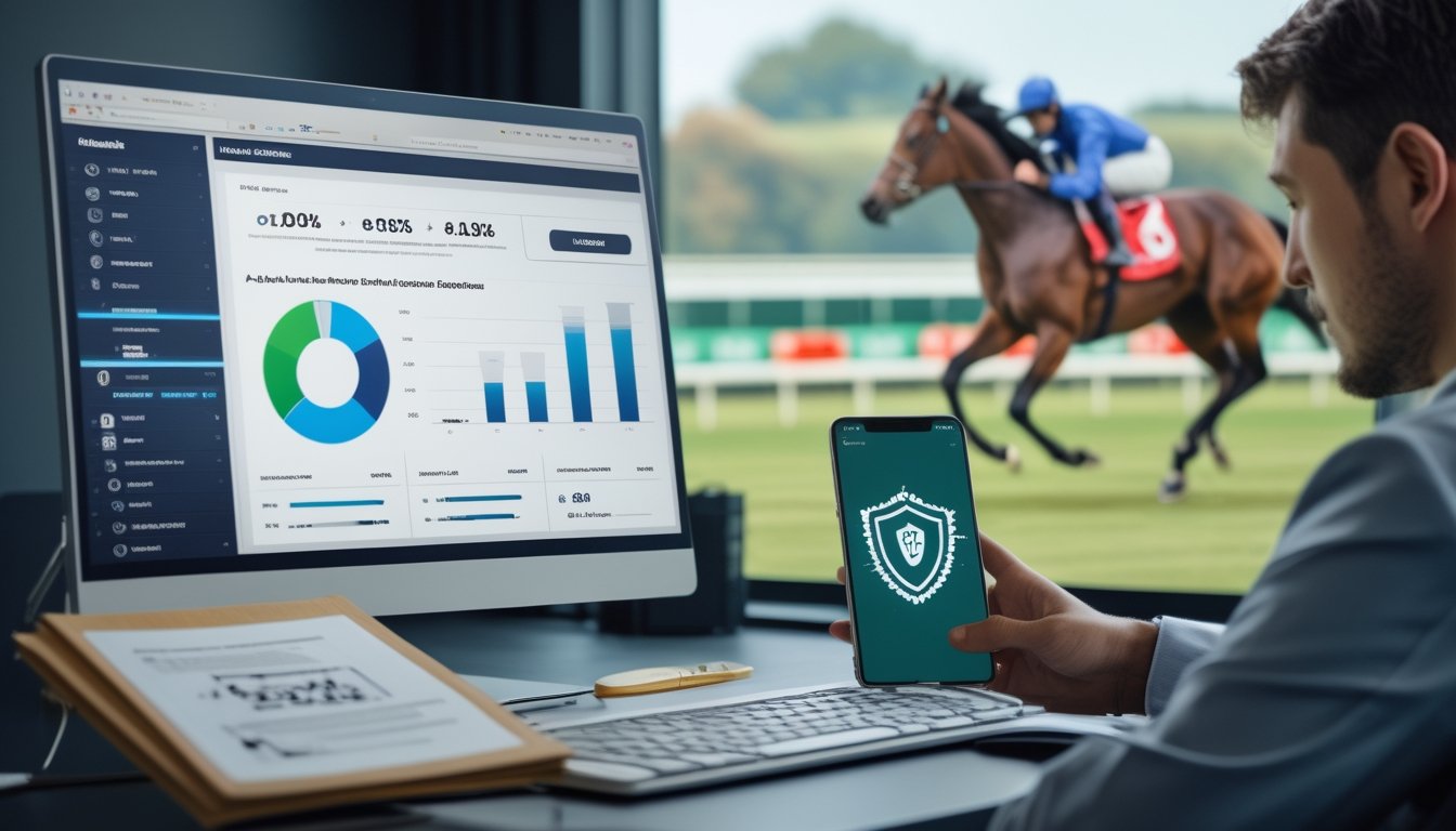 Seorang analis memeriksa dokumen dan dasbor balap kuda online di ruang kerja modern, dengan lintasan balap terlihat di latar belakang.