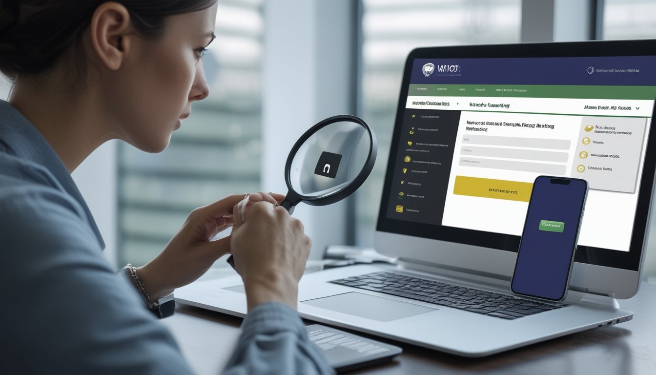 Seseorang memeriksa keamanan situs taruhan balap kuda menggunakan laptop, simbol gembok, dan daftar verifikasi.