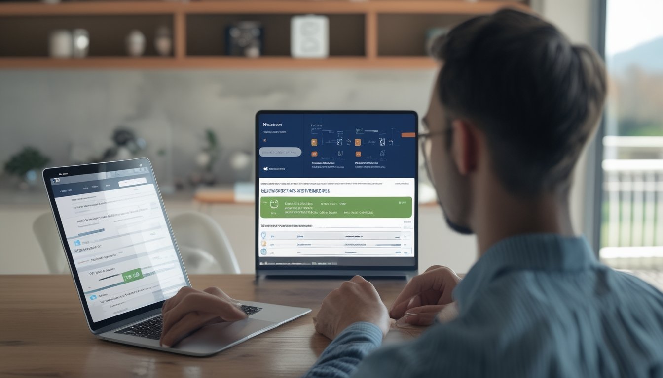 Seseorang membandingkan platform balap kuda daring yang aman di laptop dalam ruang kerja modern.