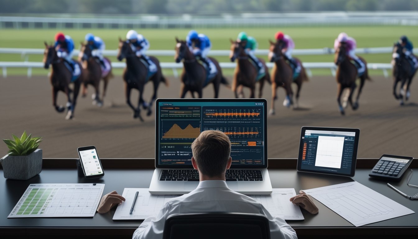 Seorang bettor menganalisis data balap kuda di meja kerja dengan perlombaan kuda terlihat di latar belakang.