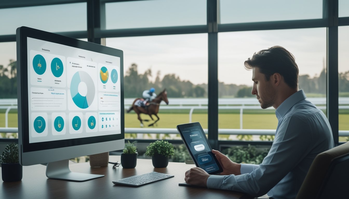 Seorang analis membandingkan data keadilan platform taruhan balap kuda di ruang kerja modern dengan arena pacuan kuda di latar belakang.