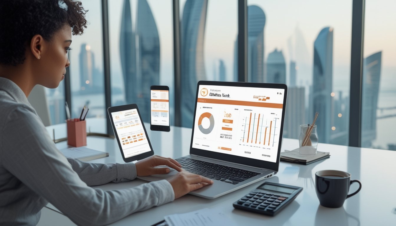 Seseorang menganalisis grafik statistik di laptop dan ponsel di meja kerja modern dengan latar kota.